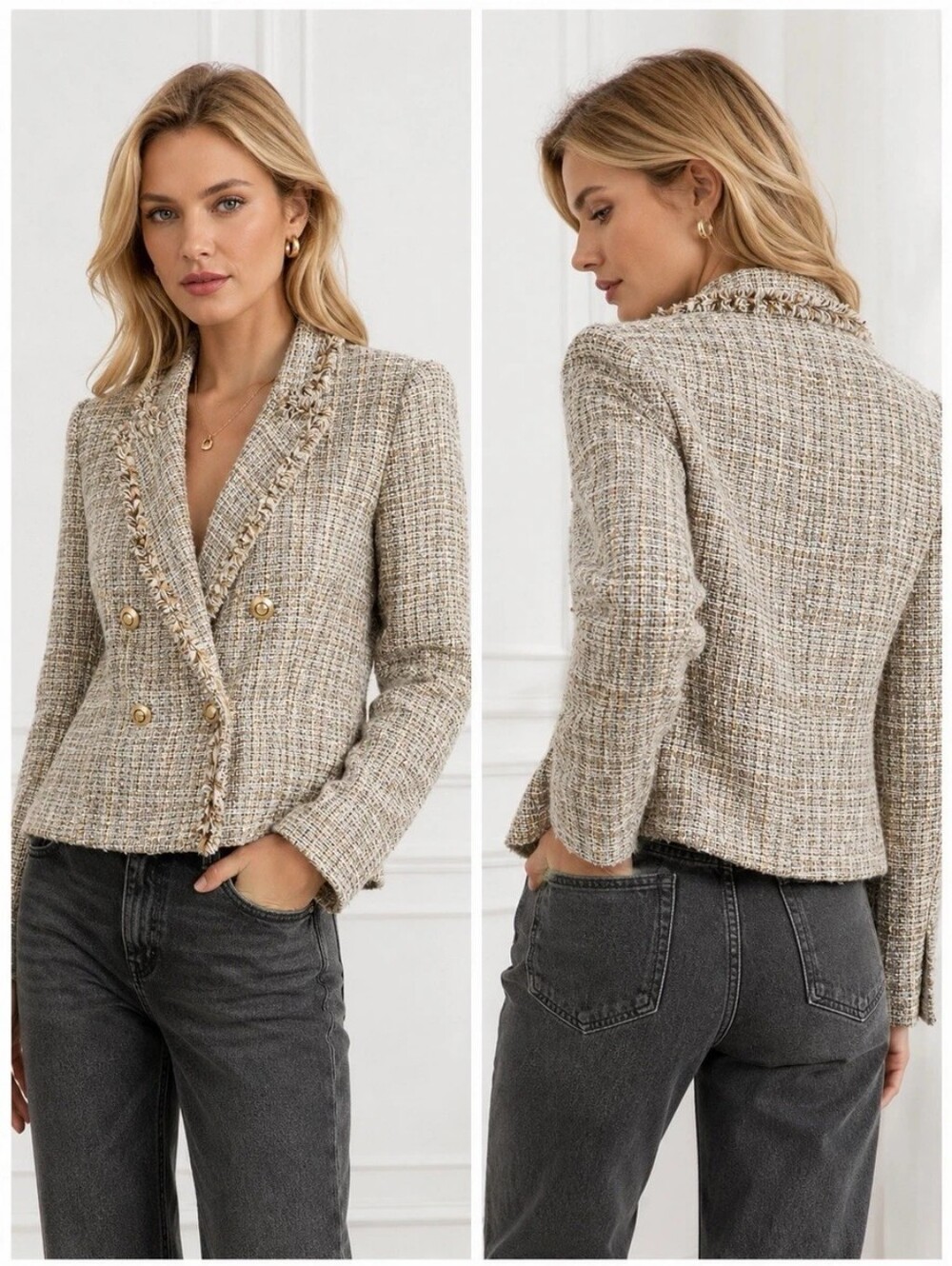 ZARA Beige Multi Tweed Frayed Double-Breasted Blazer